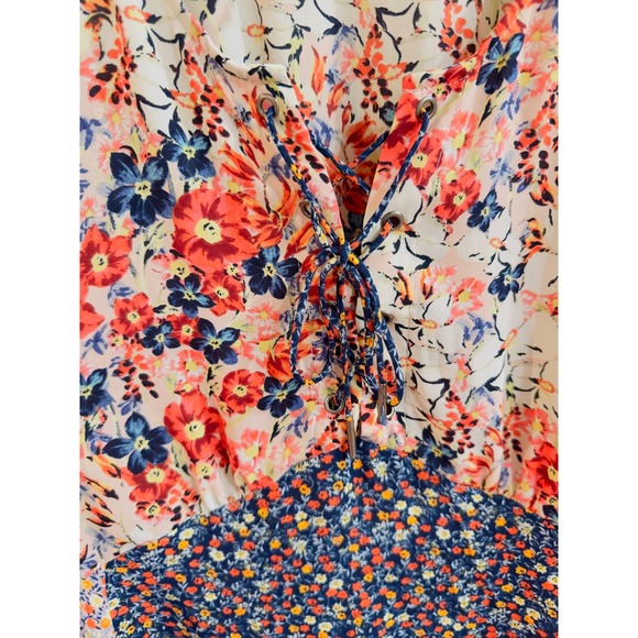 HD in Paris Floral Print Patchwork Lace Up V Neck Top Blouse Women Size 8 - Picture 4 of 9